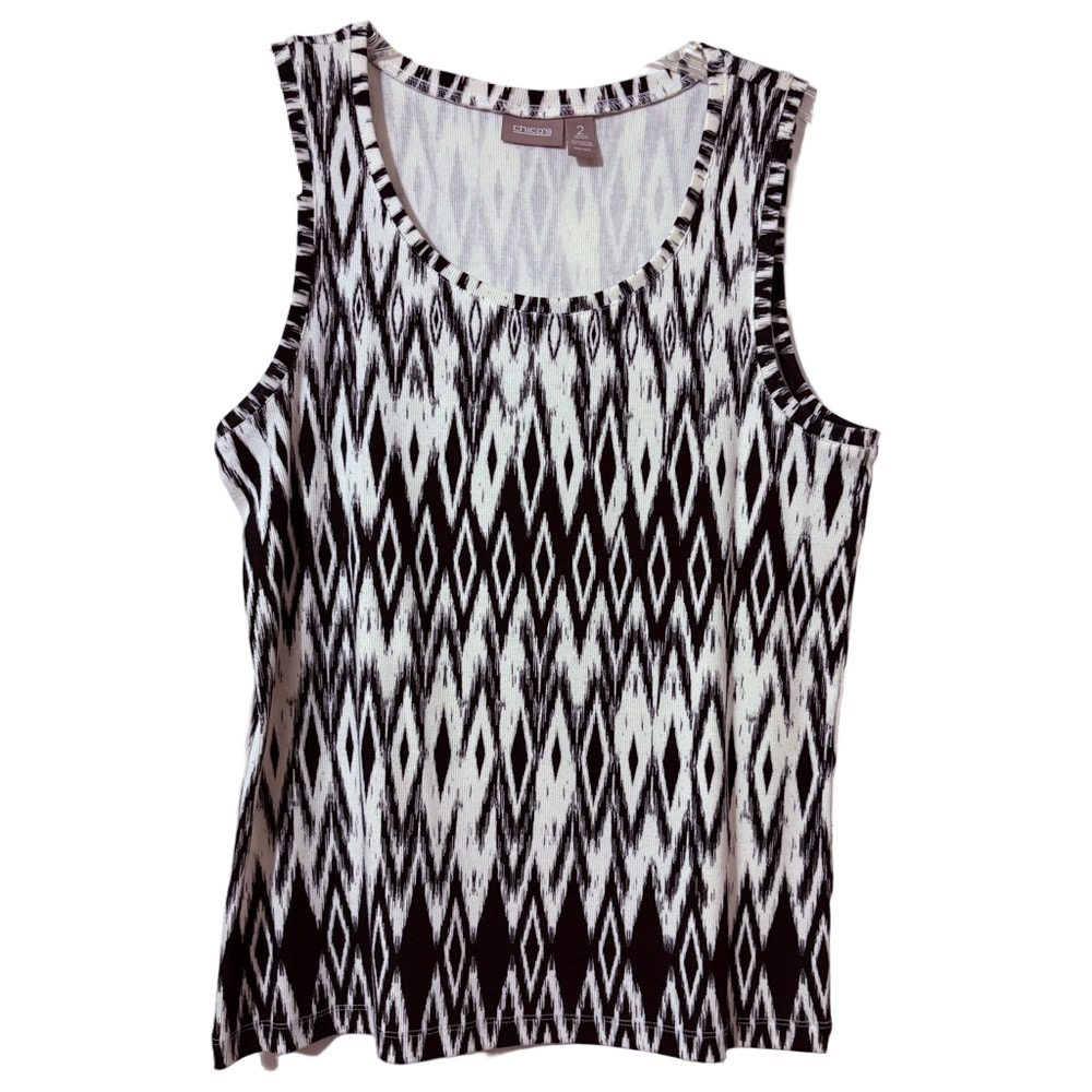 Chico’s Black White Ikat Print Sleeveless Shell Tank Top Size 2